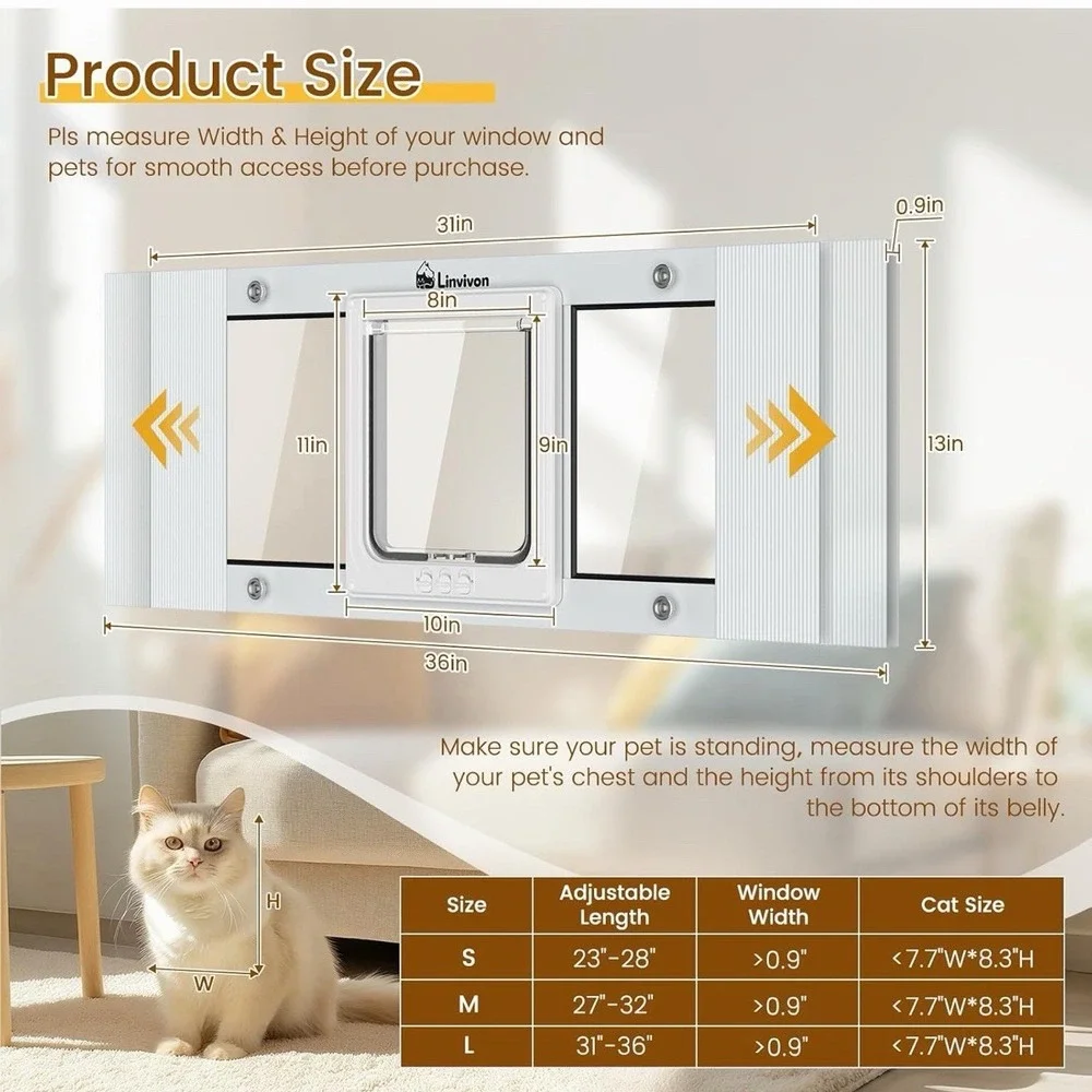Linvivon Cat Window Door Insert Adjustable 31-36in Magnetic 4 Lock Modes NOB